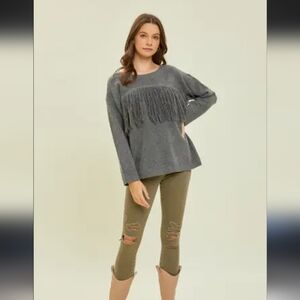 Gray Crew Neck Sweater with Fringe Accent